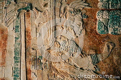 Detail of a bas-relief carving in the ancient Mayan city of Palenque, Chiapas, Mexico - may 2023 Editorial Stock Photo
