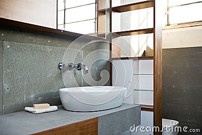 Detail of bathroom in rough concrete grey style Stock Photo