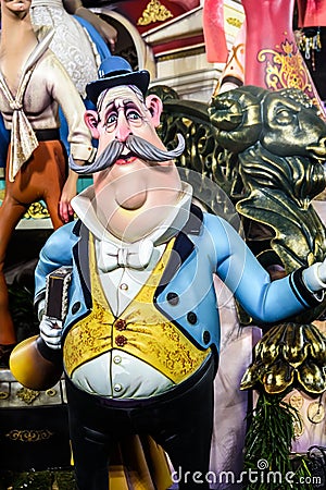 Detail of the beautiful and traditional Fallas, colorful monuments manufactured to be burned in the night of San Jose Editorial Stock Photo