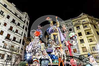 Detail of the beautiful and traditional Fallas, colorful monuments manufactured to be burned in the night of San Jose Editorial Stock Photo