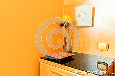 Detail of bedroom bedside table with vase with flowers and light on the wall Stock Photo