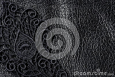 Detail of black lace on leather Stock Photo