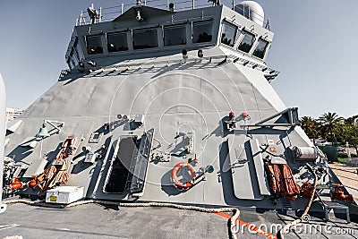 Detail of bow deck work tools in Maritime action warship Stock Photo