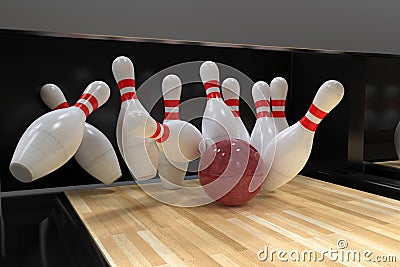 Bowling ball hitting all 10 pins, in a Strike Stock Photo