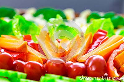 Detail buffet catering food with cucumber, carrot, tomatoes, egg and others vegatables arangement on table. Stock Photo