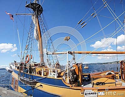 Detail of bulwarks and mast of tall ship Stock Photo