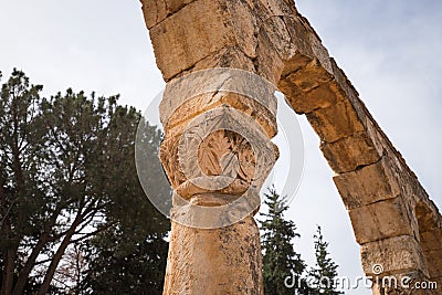 Detail of a capital of a column. The ruins of the Umayyad city of Anjar. Beqaa Valley, Lebanon Stock Photo