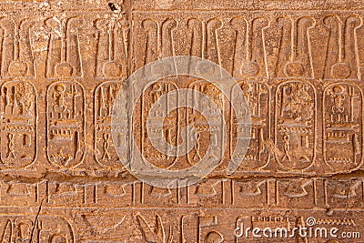 Detail of carved hieroglyphs on the Columns of the Karnak temple of Luxor, Egypt Stock Photo