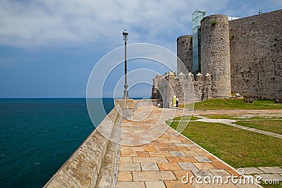 Detail of cathedral and castle and lighthouse, Castro Urdiales, Editorial Stock Photo