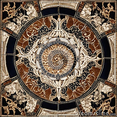 detail of the ceiling of a mosque A mosaic tile medallion texture isolated on a black background with ceramic Stock Photo