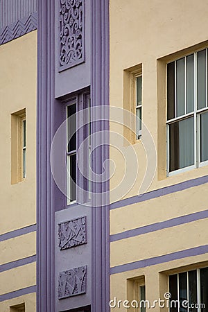 Detail of a classical art deco facade on Ocean drive in Miami Be Stock Photo