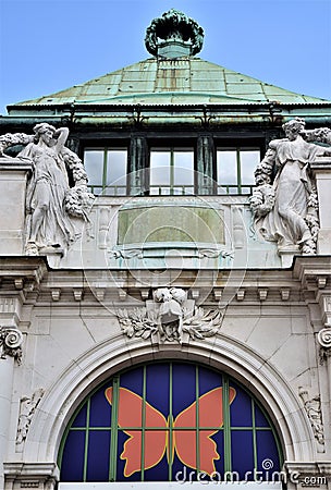 Detail, with colored butterfly on a blue background, of the large pavilion located in the museum district in Vienna. Editorial Stock Photo