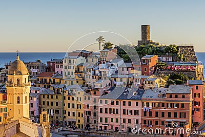 Detail of the colorful historical center of Vernazza at sunset, Cinque Terre, Liguria, Italy Editorial Stock Photo