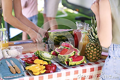 Detail of colorful table on camping Stock Photo