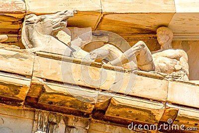 Detail of columns and frieze of the Parthenon at Acropolis in Athens, Greece Stock Photo
