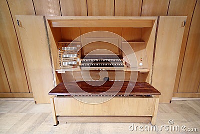 Detail of control panel of massive Pipe Organ Stock Photo