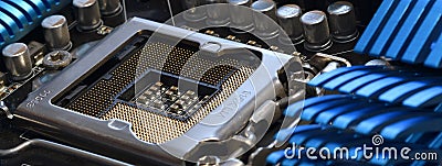 Detail of cpu socket on a modern computer motherboard. Electronic small component details. long banner web image Stock Photo