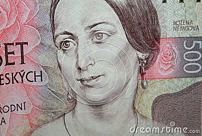 Detail of czech crowns five hundred banknote with Bozena Nemcova, famous czech writer portrait Stock Photo