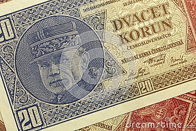 Detail of the Czechoslovak 20 crowns banknote from 1926, 1st Republic Stock Photo