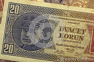 Detail of the Czechoslovak 20 crowns banknote from 1926, 1st Republic Stock Photo