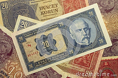 Detail of the Czechoslovak 20 crowns banknote from 1926, 1st Republic Stock Photo