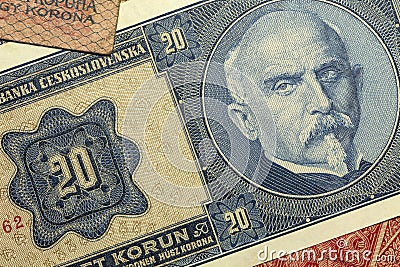 Detail of the Czechoslovak 20 crowns banknote from 1926, 1st Republic Stock Photo