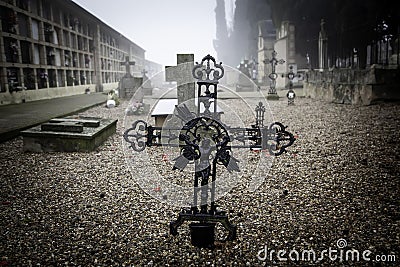 Cemetery on a foggy day Stock Photo