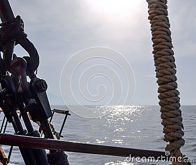 Detail of Deck, pulley block and ropes, rigging on a tall ship. Stock Photo