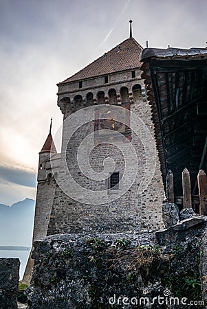 Detail of the defense walls, roofs and towers of the medieval Ca Editorial Stock Photo