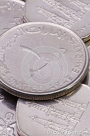 Detail of different United Arab Emirates Dirhams coins Stock Photo