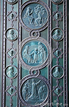 Landmark in Prague. Detail of door of Catholic Church of Saints Cyril and Methodius - Czech Republic Stock Photo