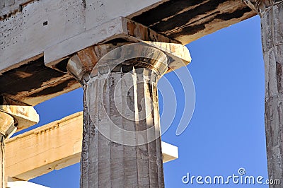 Detail of the Doric Order of the columns of the Parthenon, Athens acropolis Stock Photo