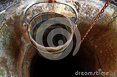 Traditional Draw-well with wooden bucket Stock Photo