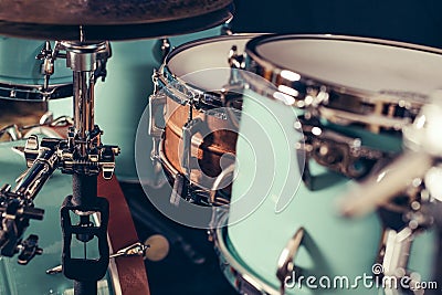 Detail of a drum kit closeup . Drums on stage retro vintage picture. Stock Photo