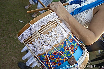 Detail of the drums, percussion instruments, with colorful decoration used on Congadas, an Afro-Brazilian cultural and religious Stock Photo