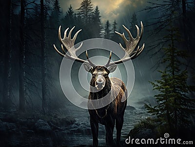 Detail of elk moose. Moose North America or Eurasian elk Eurasia Alces alces in the dark forest during rainy day. Be Cartoon Illustration