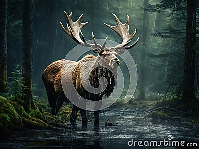 Detail of elk moose. Moose North America or Eurasian elk Eurasia Alces alces in the dark forest during rainy day. Be Cartoon Illustration