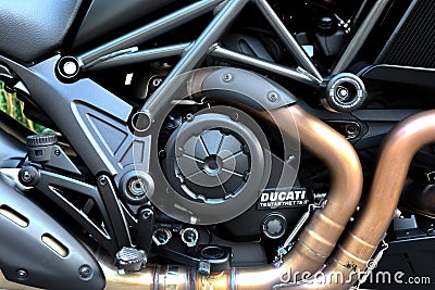 Detail engine of a sport bike Ducati Diavel motorbike. Editorial Stock Photo