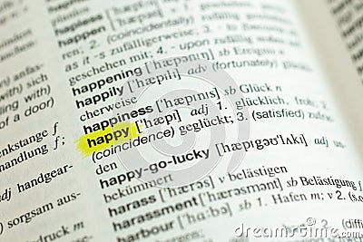 Detail of english word happy and its german translation Stock Photo