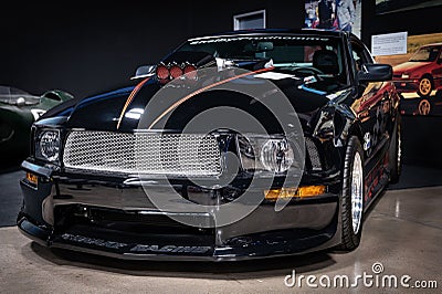 Detail of exclusive black Shelby Mustang GT500 Super Snake Prudhomme Edition racing car Editorial Stock Photo