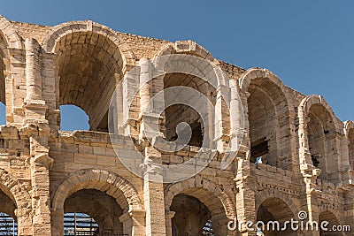 Detail of the exterior wall of the Roman amphitheatre at Arles, France Stock Photo