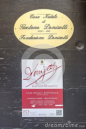 Detail facade information sign house born Gaetano Donizetti in Editorial Stock Photo