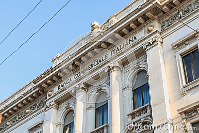 Detail of the facade of the Italian commercial bank in Milan Editorial Stock Photo