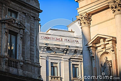 Detail of the facade of the Italian commercial bank in Milan Editorial Stock Photo