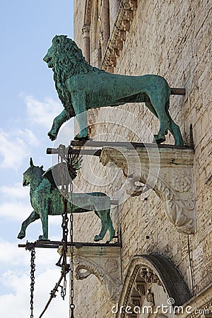 Detail of the facade of the Palazzo dei Priori, Perugia, Italy Stock Photo