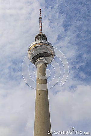 Detail of the famous TV Tower (Fernsehturm) located at Alexanderplatz, in Berlin, capital of Germany. Stock Photo