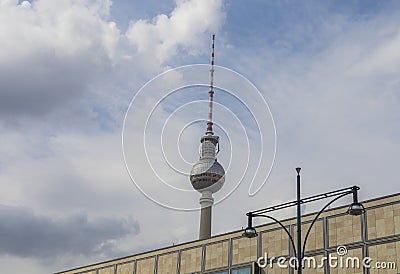 Detail of the famous TV Tower (Fernsehturm) in Alexanderplatz, Berlin, capital of Germany. Stock Photo