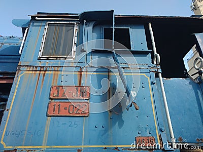 Detail of famouse Blue Locomotive of Blue train, Museum Exhibit. Former, obsolete in Belgrade, Serbia. Editorial Stock Photo