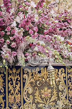 Detail of floral ornamentation on a throne of Holy week, Linares, Andalusia, Spain Stock Photo