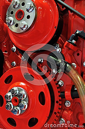 Detail of flywheel and belt, diesel engine Stock Photo